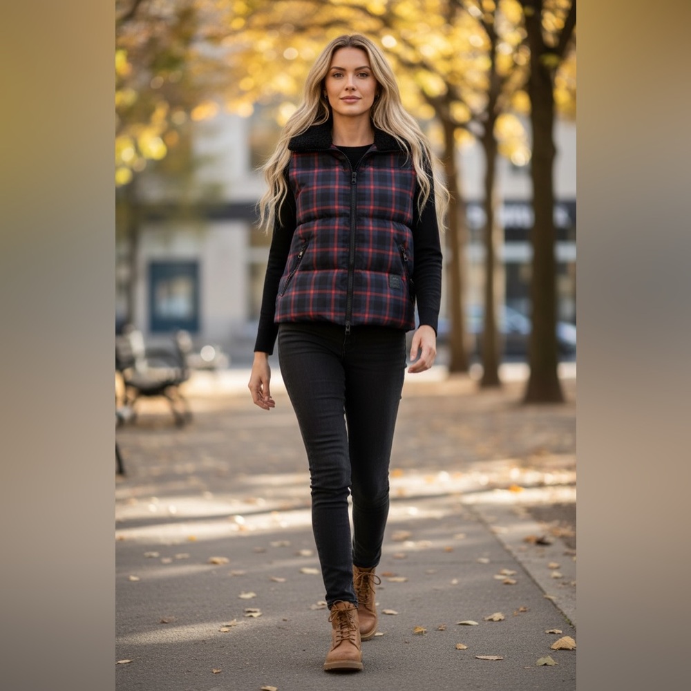 NWT Coach Plaid Puffer Vest Fur Trim Full Zip Jacket